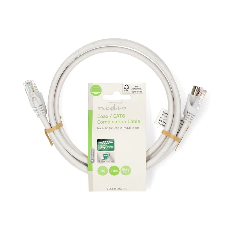 Coax- en CAT6-Combikabel IEC (Coax) Male / RJ45 Male - IEC (Coax) Female / RJ45 Male - Vernikkeld