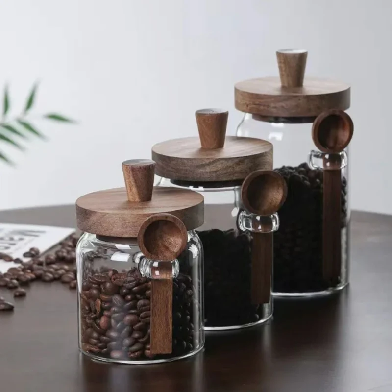3 Contenedores de Vidrio Tapa Madera y Cucharita Santú Home & Deco
