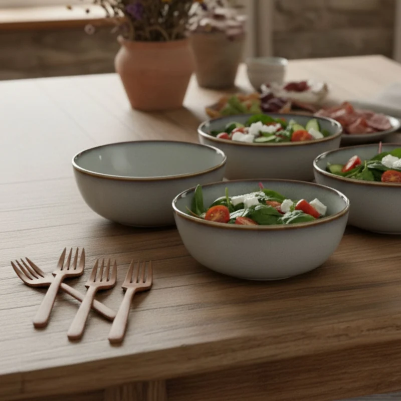 Set 4 Bowls Cerámica Borde Beige Decoexpress