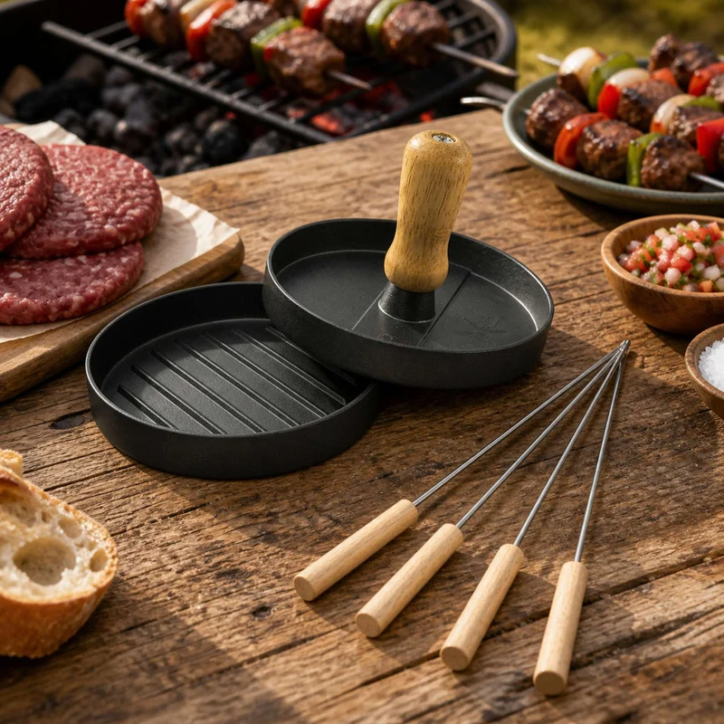 Set Prensa Hamburguesa Y 4 Piezas Anticucho Decoexpress