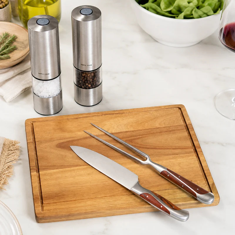 Set Cuchillos 2pzs Texas + Salero Pimentero recargable Power Spice + Tabla Madera Acacia 45 cms Simple Cook