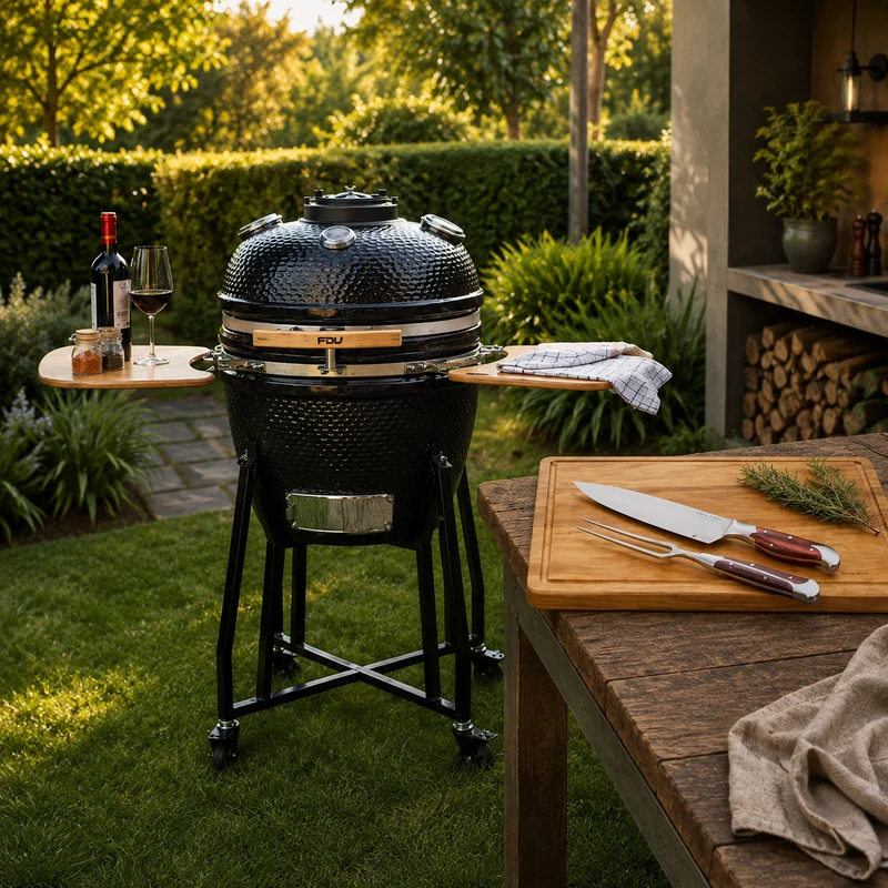 Parrilla Kamado FDV Tokio Black + Set Cuchillos 2pzs Texas + Tabla Madera Acacia 45 cms Simple Cook