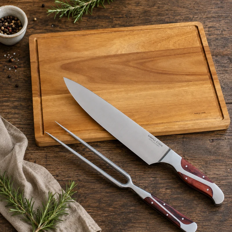 Set Cuchillos Simple Cook 2pzs Texas + Tabla Madera Acacia 45 cms Simple Cook