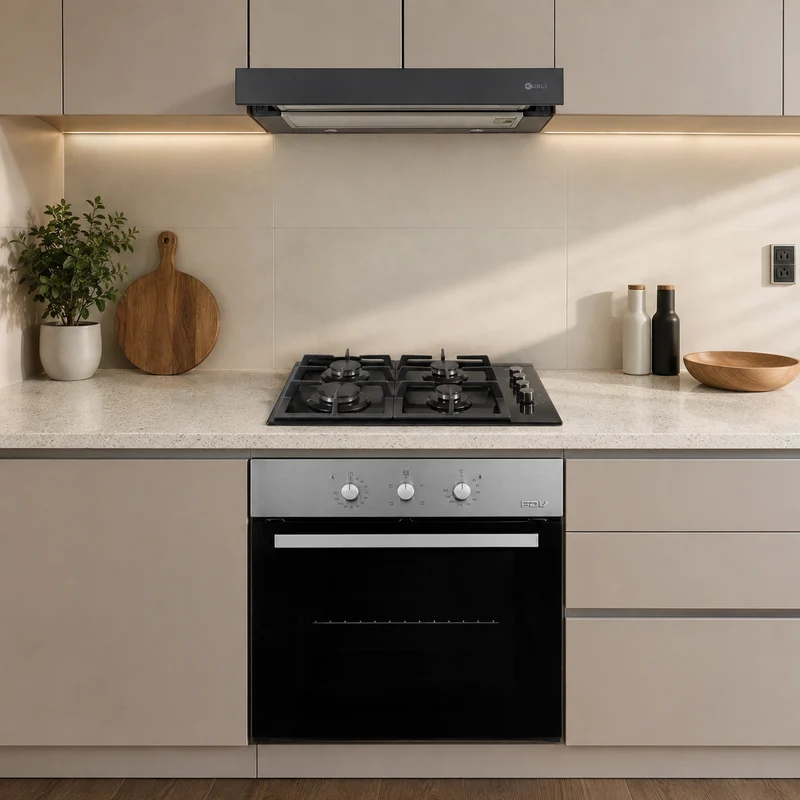 Campana Kubli Neu Flow Black + Encimera FDV Crystal 4G 60 BUT 2.0 + Horno Empotrado Design 57 Lts FDV