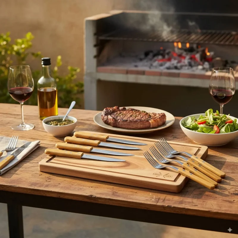 Set Parrillero Tabla + 8 Cubiertos Santo Asado Para Parrilla Decoexpress