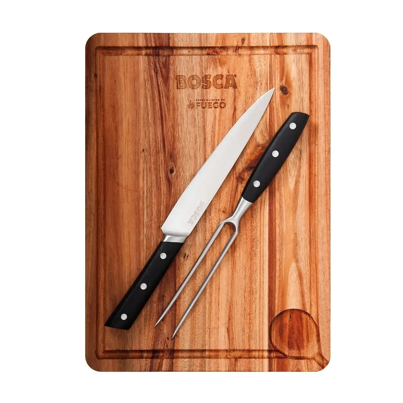 Pack Tabla Parrillera + Cuchillo y Tenedor + Guantes Bosca