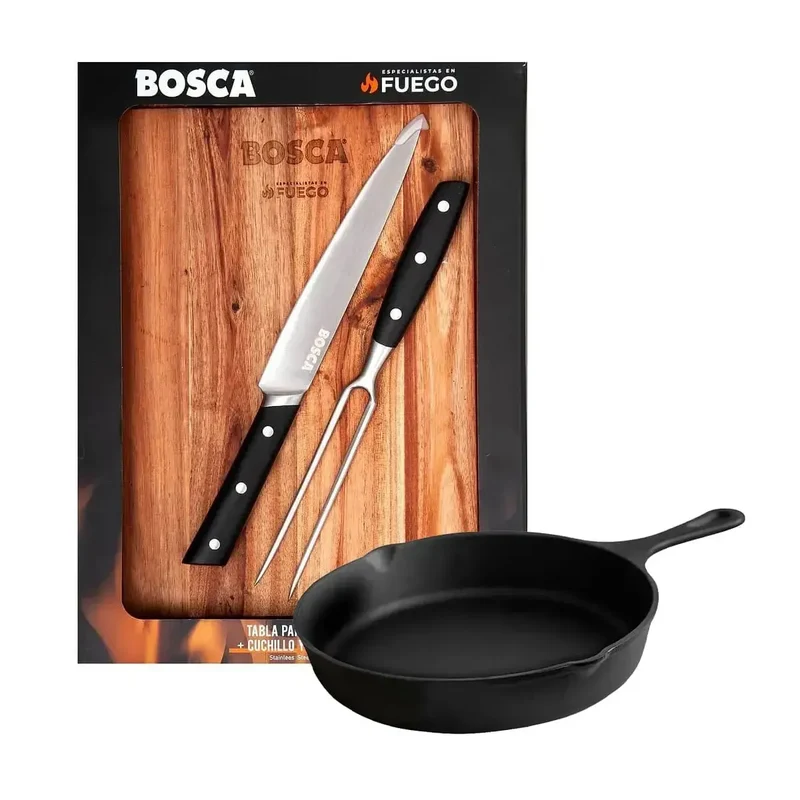 Pack Tabla Parrillera + Cuchillo y Tenedor + Sartén Pequeño Bosca
