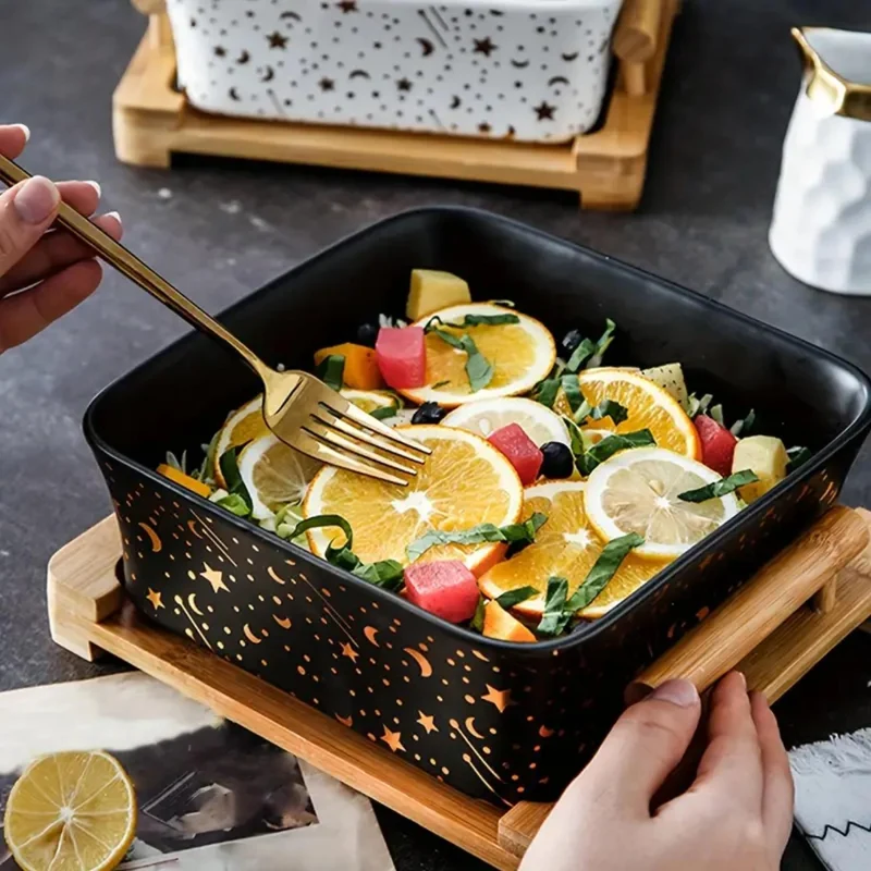 Ensaladera Cuadrada De Cerámica Con Soporte Santú Home & Deco