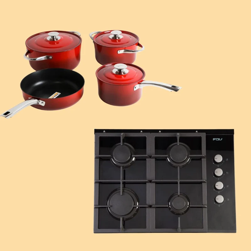 Kit Encimera a Gas Crystal 4 Quemadores FDV Licuado + Batería Versalles 7 Piezas Simple Cook